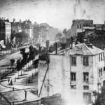 Daguerre, Louis. Boulevard du Temple. 1838, daguerreotype. A French street scene from above.