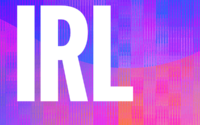Logo of the IRL podcast; the letters IRL in white against a purple background.